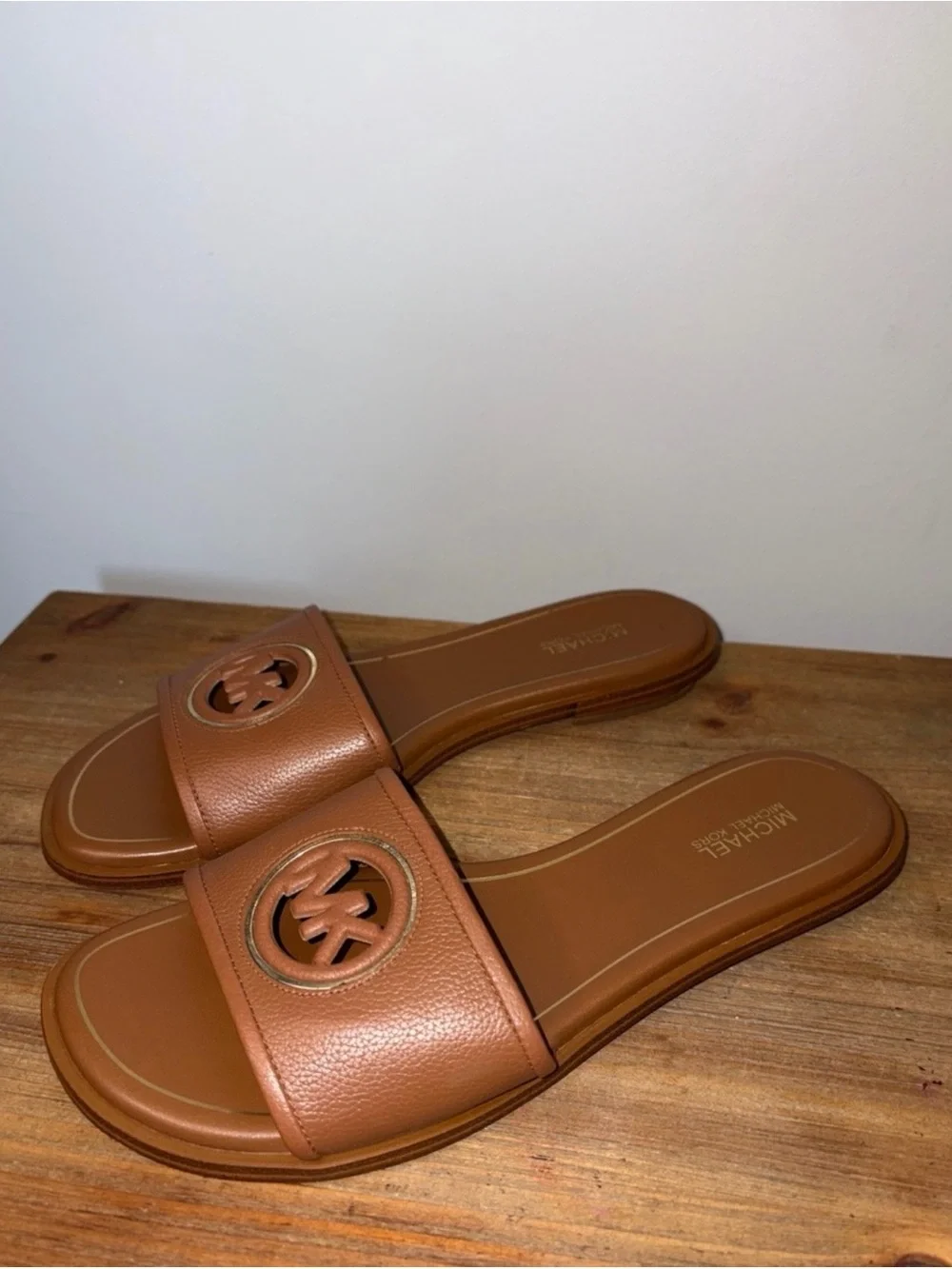 Michael Kors Cognac Brown Leather Logo Slide Sandals